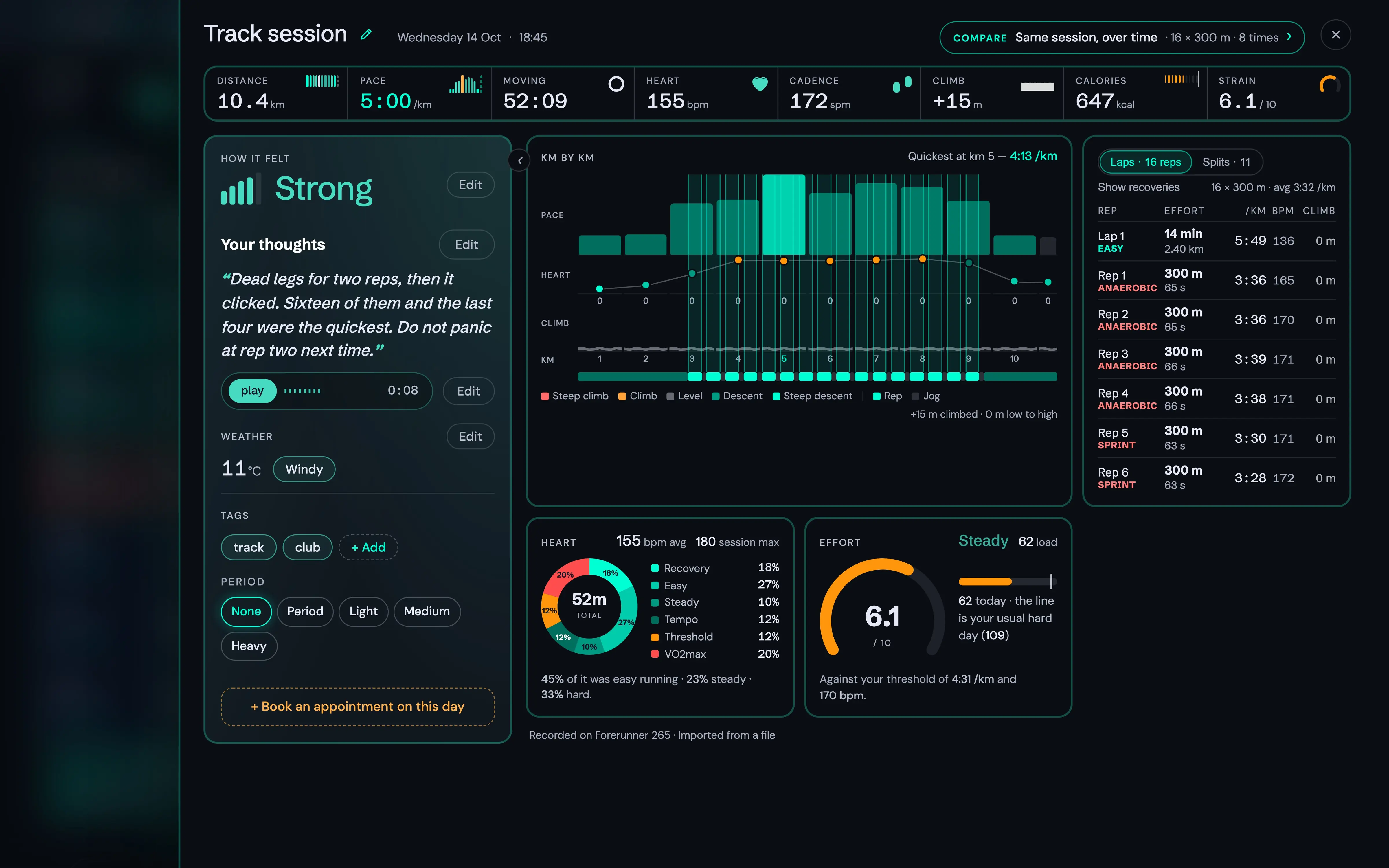 One run in Runflect: how it felt, your words, the weather, your tags, and the numbers from your watch