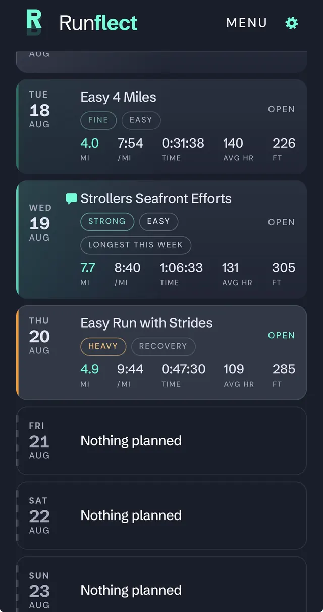 The Runflect diary — a feed of days, each with how it felt