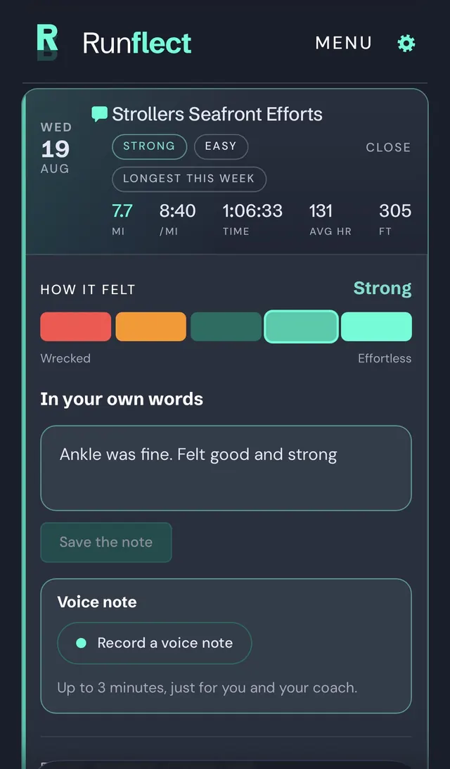 A session open in the Runflect diary